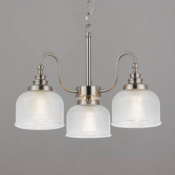 Stowford 3lt Pendant or Semi Flush Light in Satin Nickel & Clear Prismatic Glass