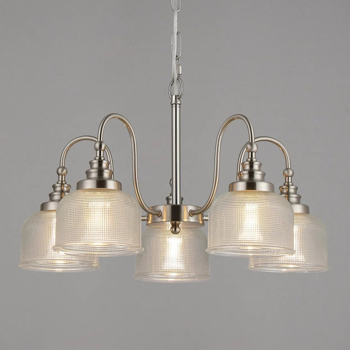 Stowford 5lt Pendant or Semi Flush Light in Satin Nickel & Clear Prismatic Glass
