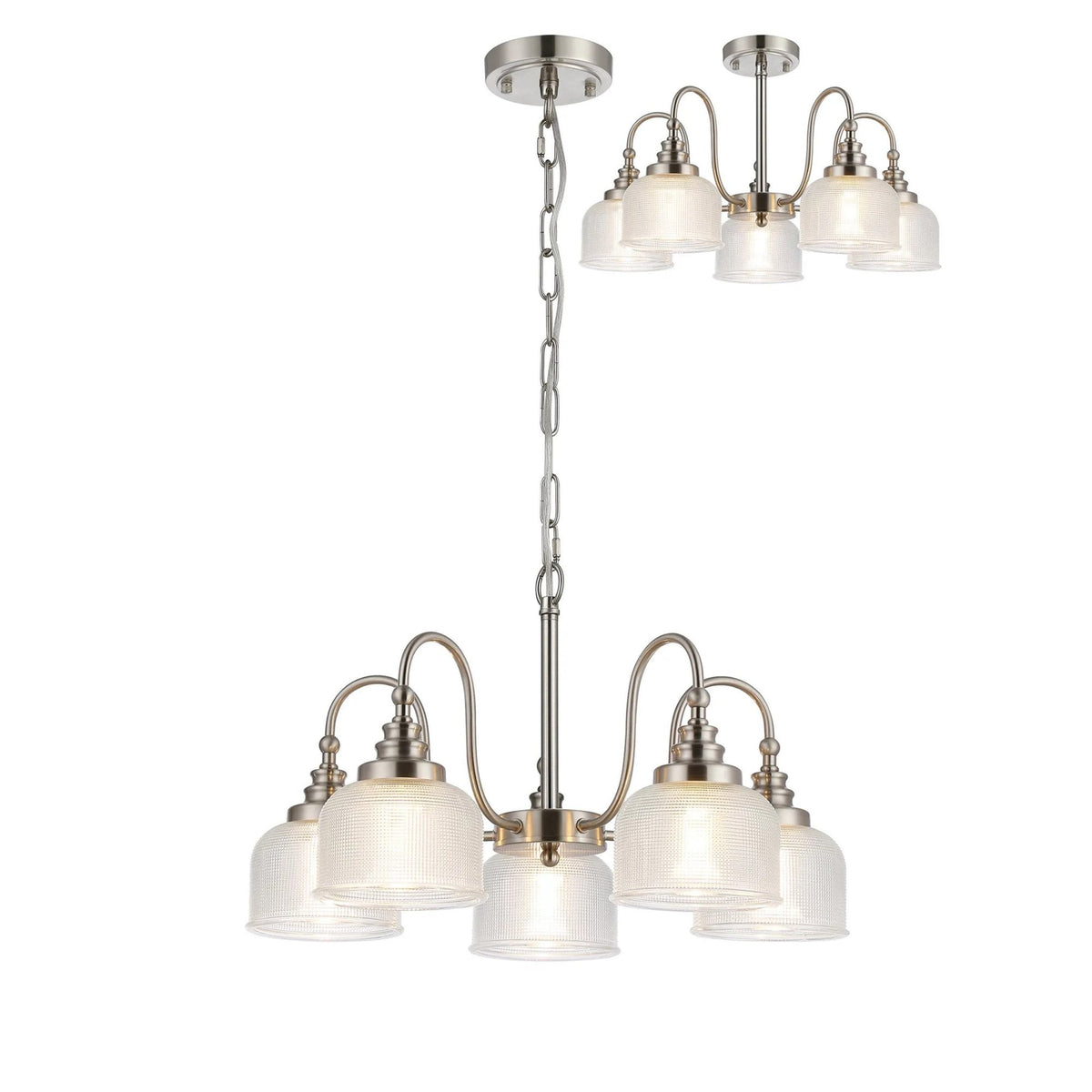 Stowford 5lt Pendant or Semi Flush Light in Satin Nickel & Clear Prismatic Glass