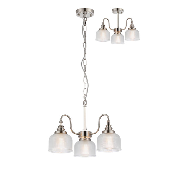 Stowford 3lt Pendant or Semi Flush Light in Satin Nickel & Clear Prismatic Glass