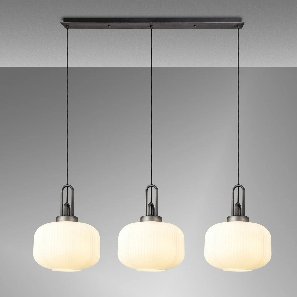 Atherington Pumpkin 3 Drop Linear Pendant in Aged Pewter & Matt Black With Opal Shades