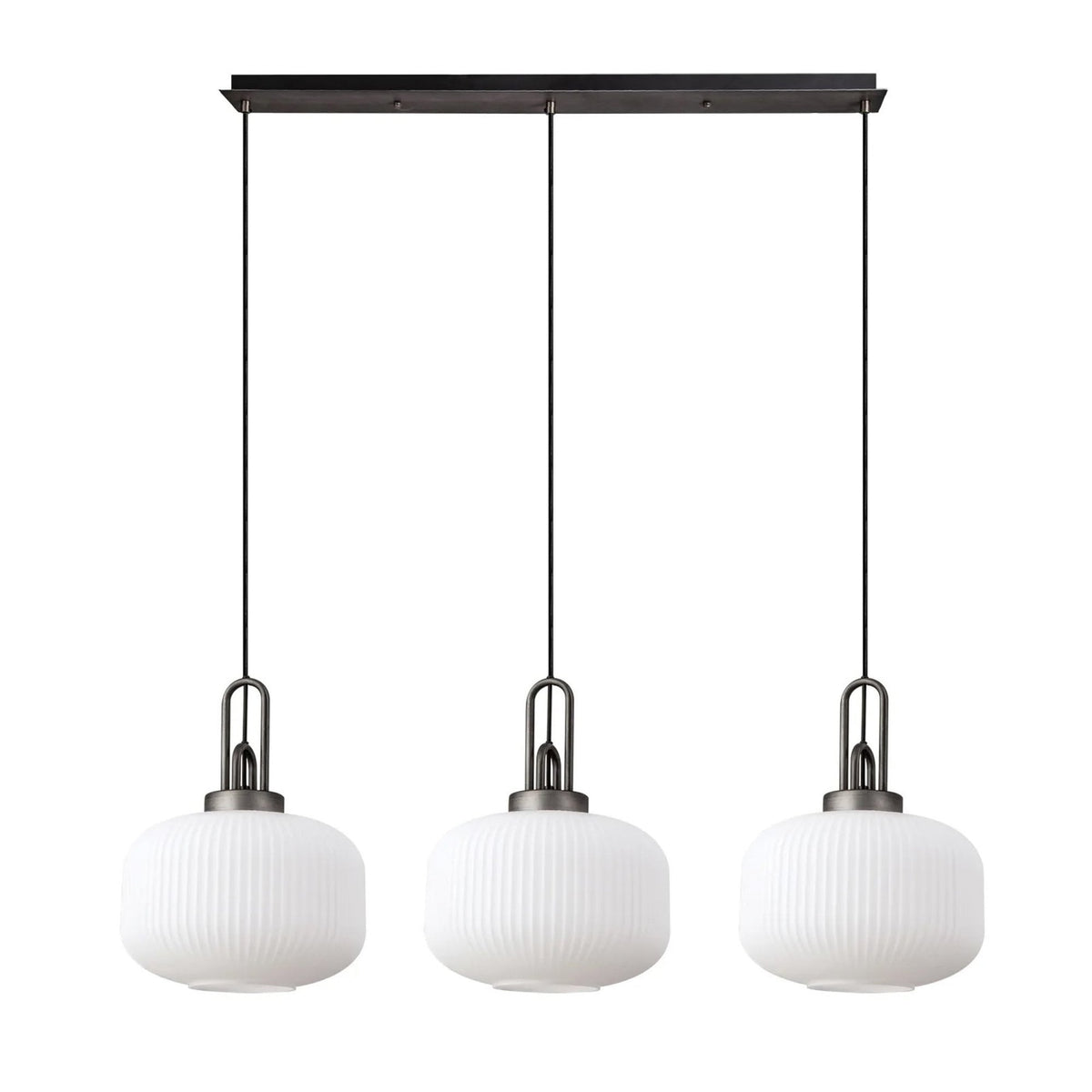 Atherington Pumpkin 3 Drop Linear Pendant in Aged Pewter & Matt Black With Opal Shades