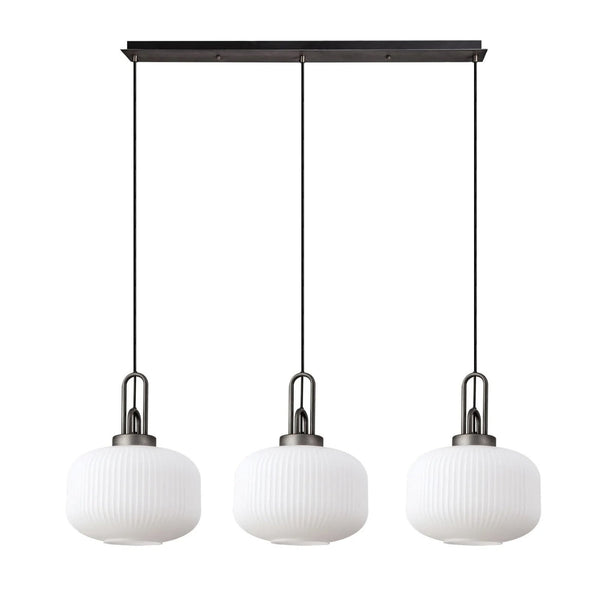 Atherington Pumpkin 3 Drop Linear Pendant in Aged Pewter & Matt Black With Opal Shades