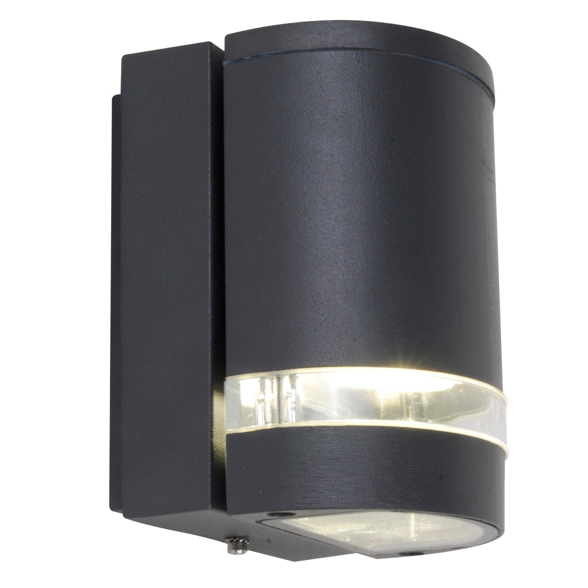 Black outdoor wall light with a cylindrical shape and two illuminated sections, one horizontal and one at the bottom. 