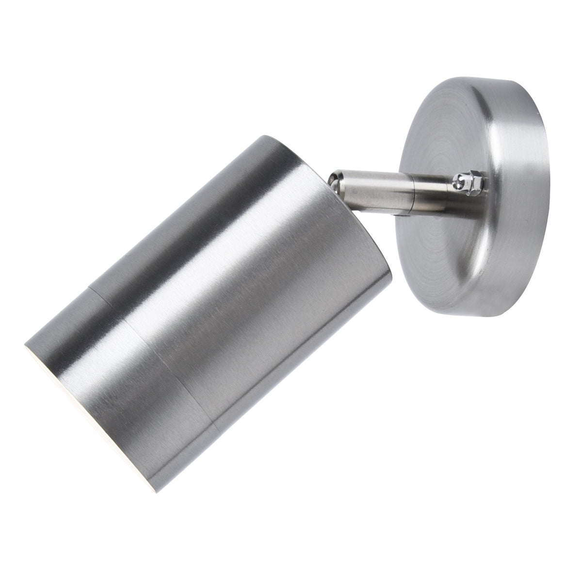 Brushed metal wall light with a cylindrical head angled downwards, mounted on a round base.