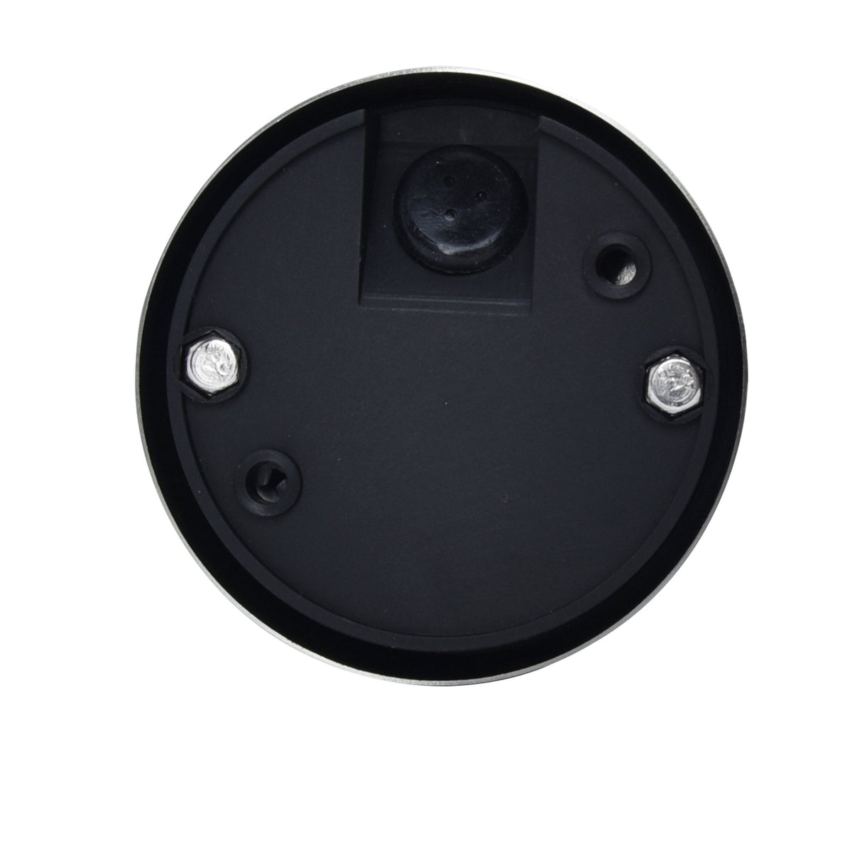 Top-down view of a black circular base with two silver bolts and a small black button.