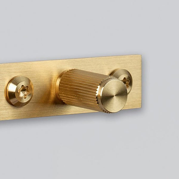 Linear Knurled Furniture Knob Set With Back Plates In Solid Brass