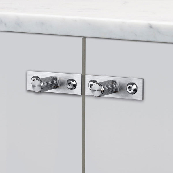 Linear Knurled Furniture Knob Set With Back Plates In Solid Steel