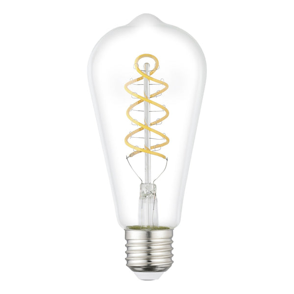 A clear LED light bulb with a spiral filament on a white background.