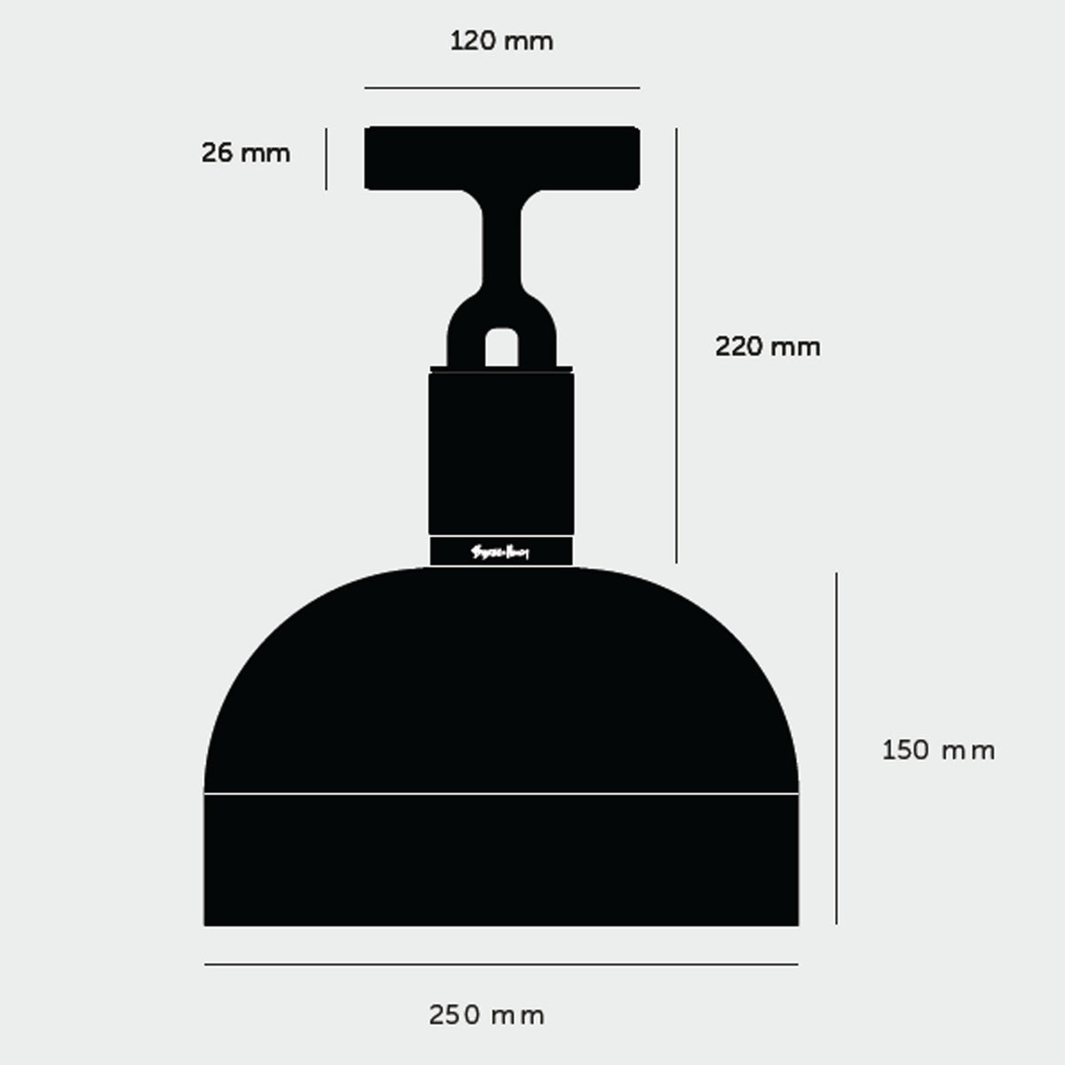 Technical drawing of a black ceiling light with dimensions: 220mm height, 250mm width, 120mm top width.