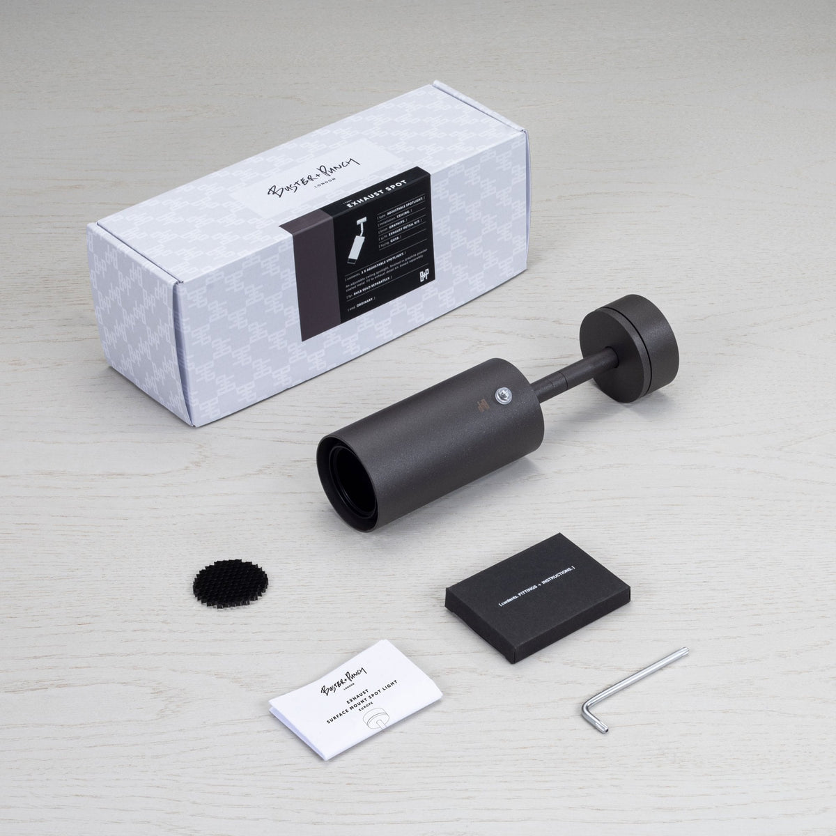 Exhaust Spot Light in a Graphite Finish with Brass Detail