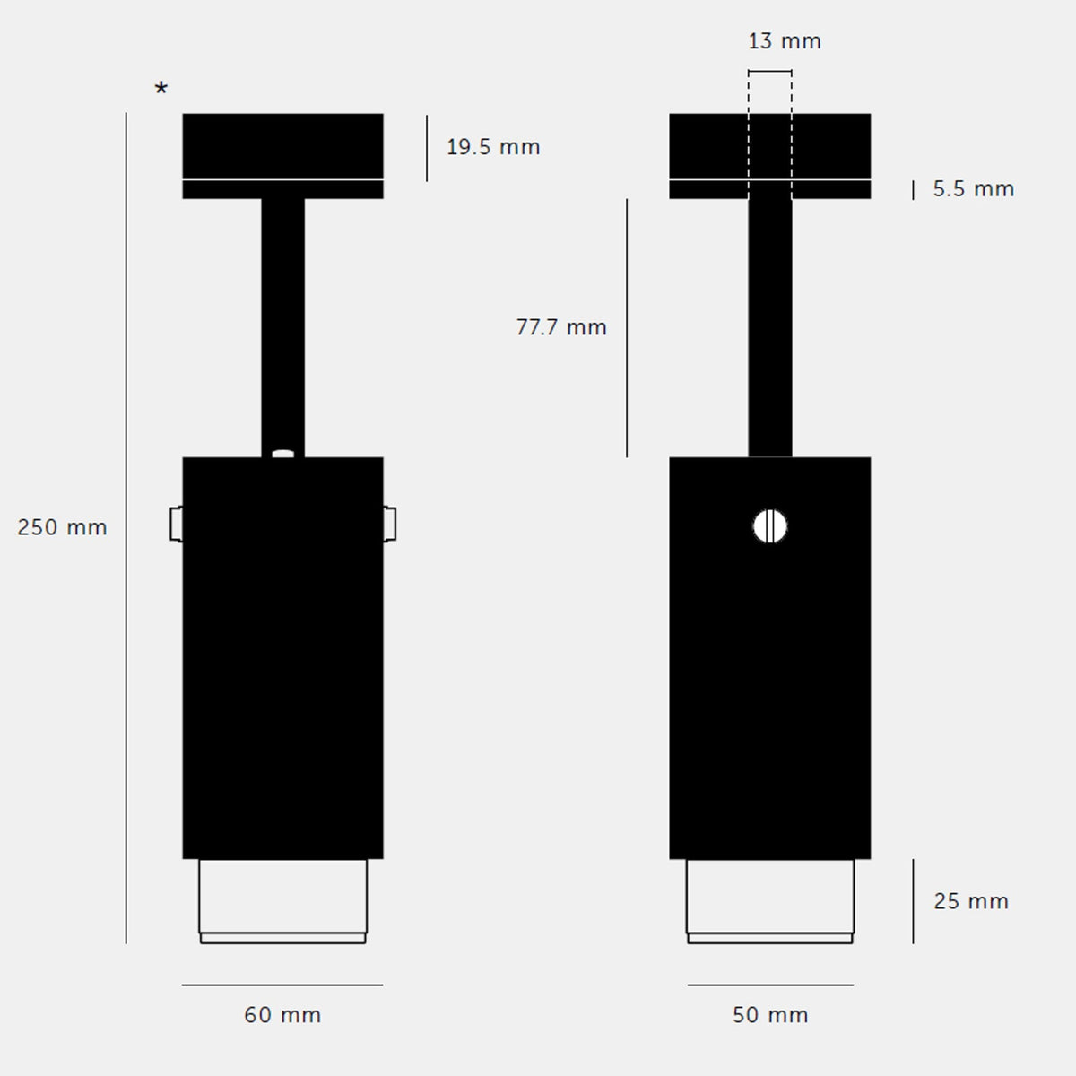 Technical drawing of a black cylindrical light fixture with various dimensions in millimeters.