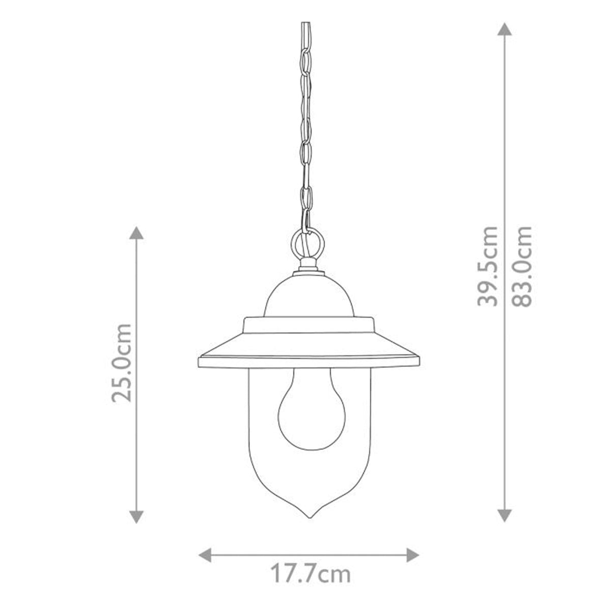 A diagram illustrating the dimensions of the hanging lantern, with measurements in centimetres.