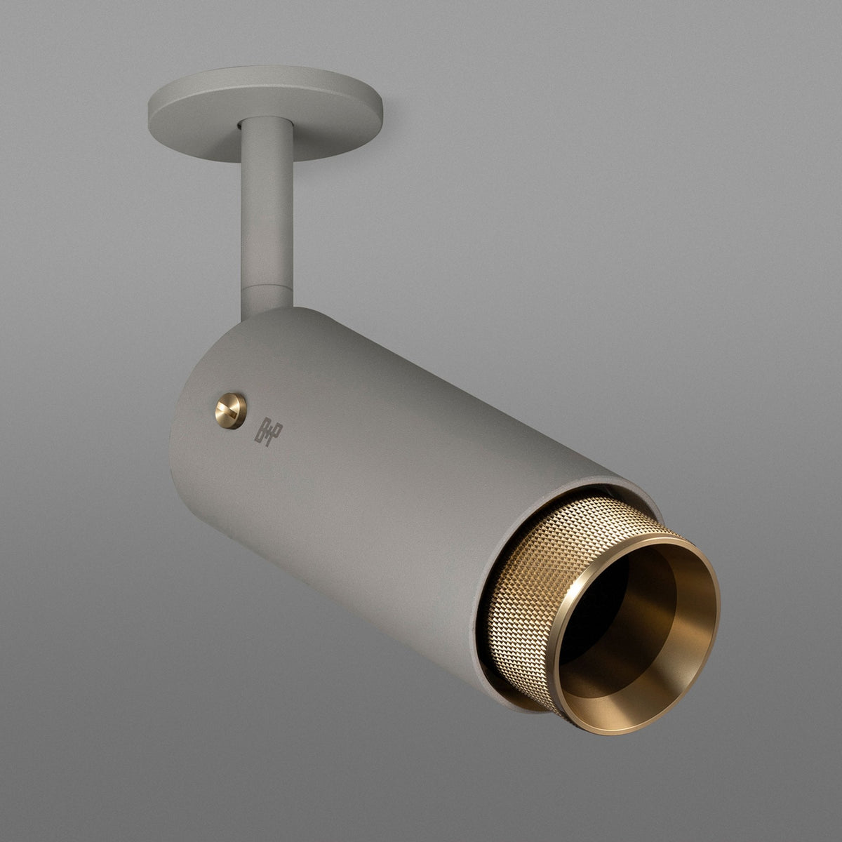 Gray cylindrical ceiling light with a gold-textured inner rim and a small gold button on the side. 