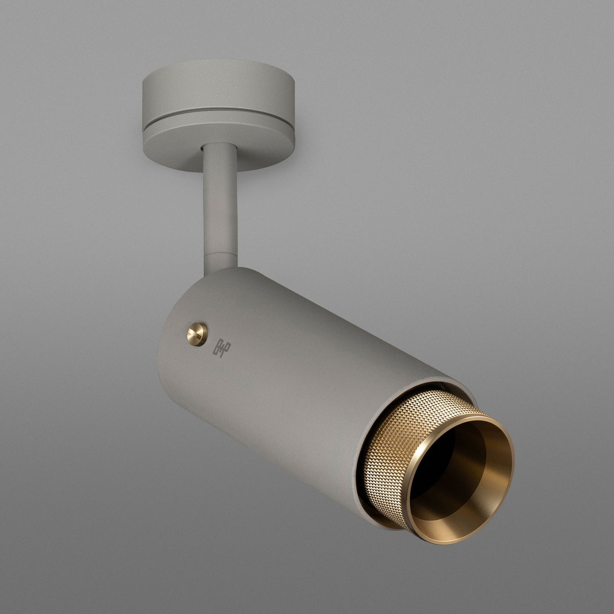 A grey cylindrical ceiling light with a brass-colored inner reflector and a textured ring.