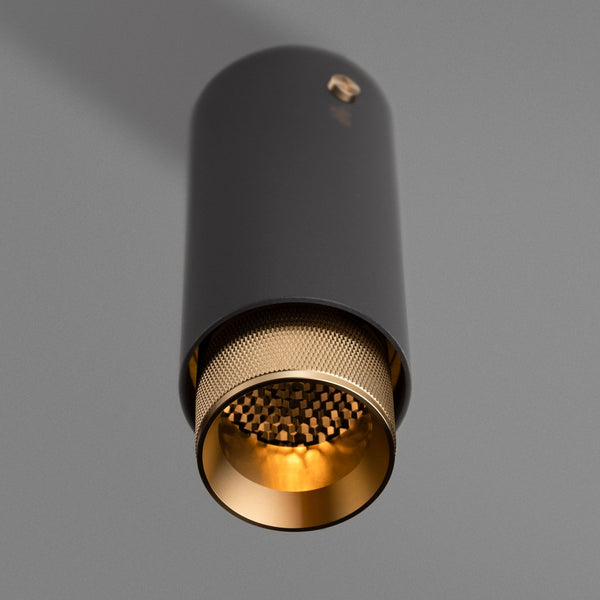 Exhaust Surface Mounted Downlight in a Graphite Finish with Brass Detail