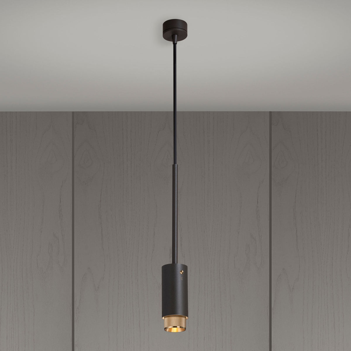 A modern black pendant light with a gold-toned mesh diffuser hangs from a white ceiling against a wood-paneled wall.