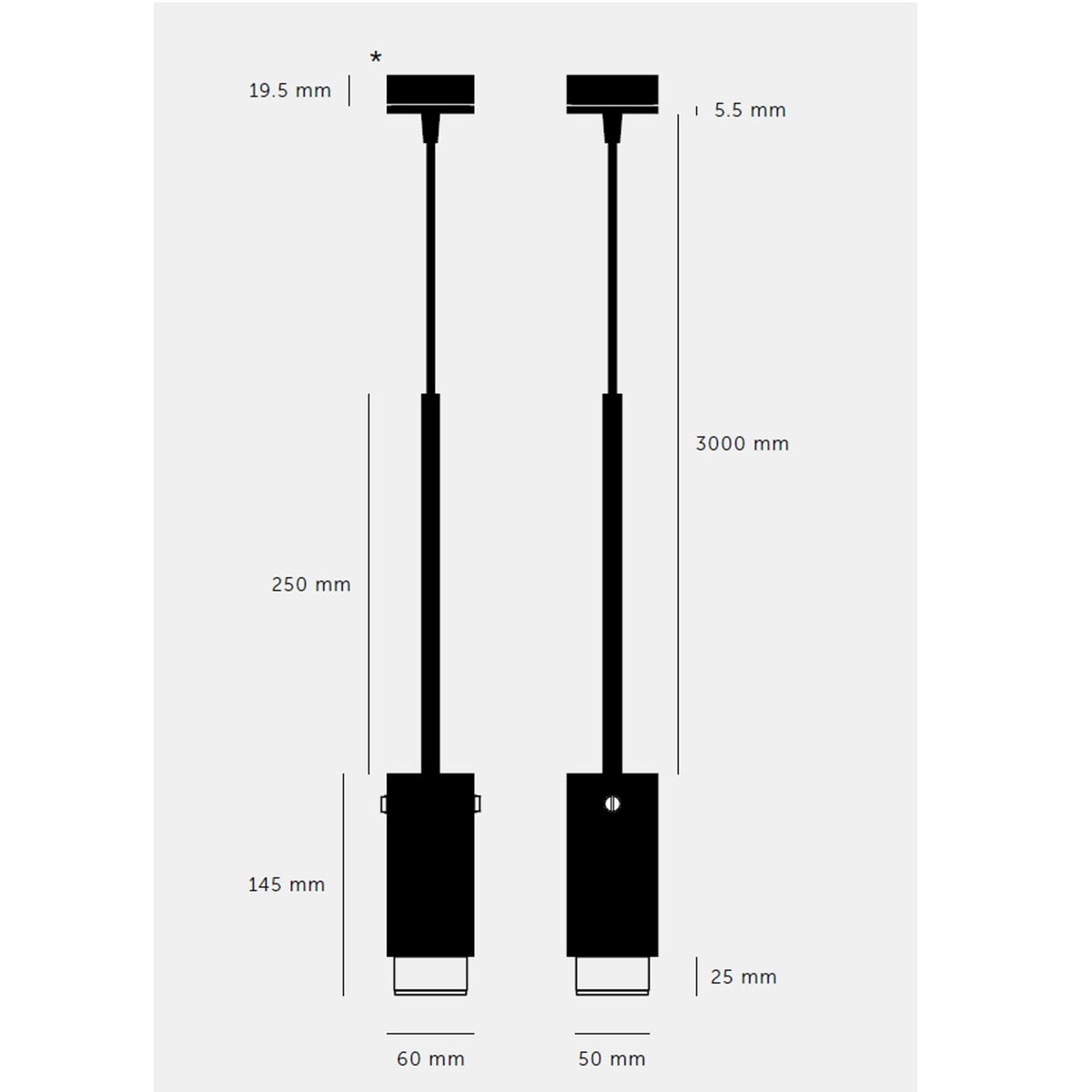 Technical drawing of two pendant lights with various dimensions in millimeters.