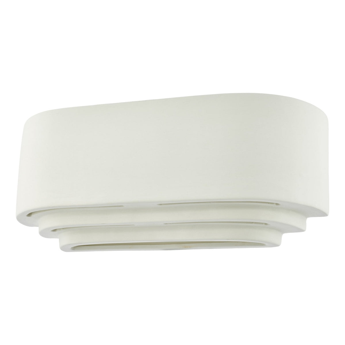 A close-up of a white oval wall light with a tiered base.