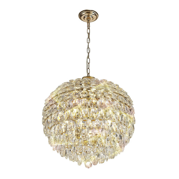 A sparkling spherical crystal chandelier, showcasing its intricate design and brilliant light.