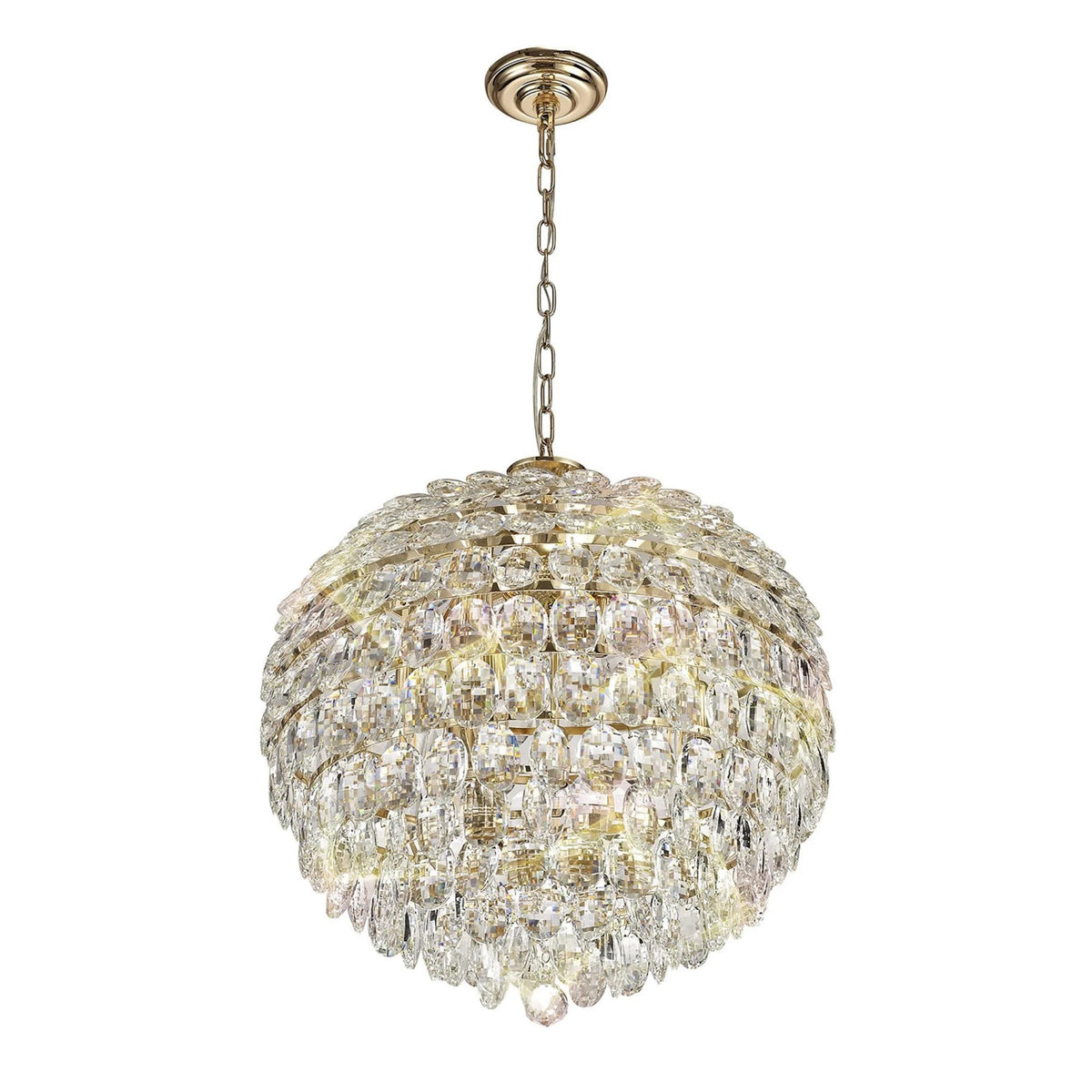 A dazzling crystal chandelier in a spherical shape, ideal for sophisticated interiors.