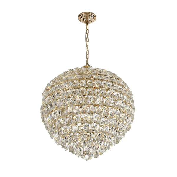 A large, spherical crystal chandelier hangs from a golden chain against a white background.