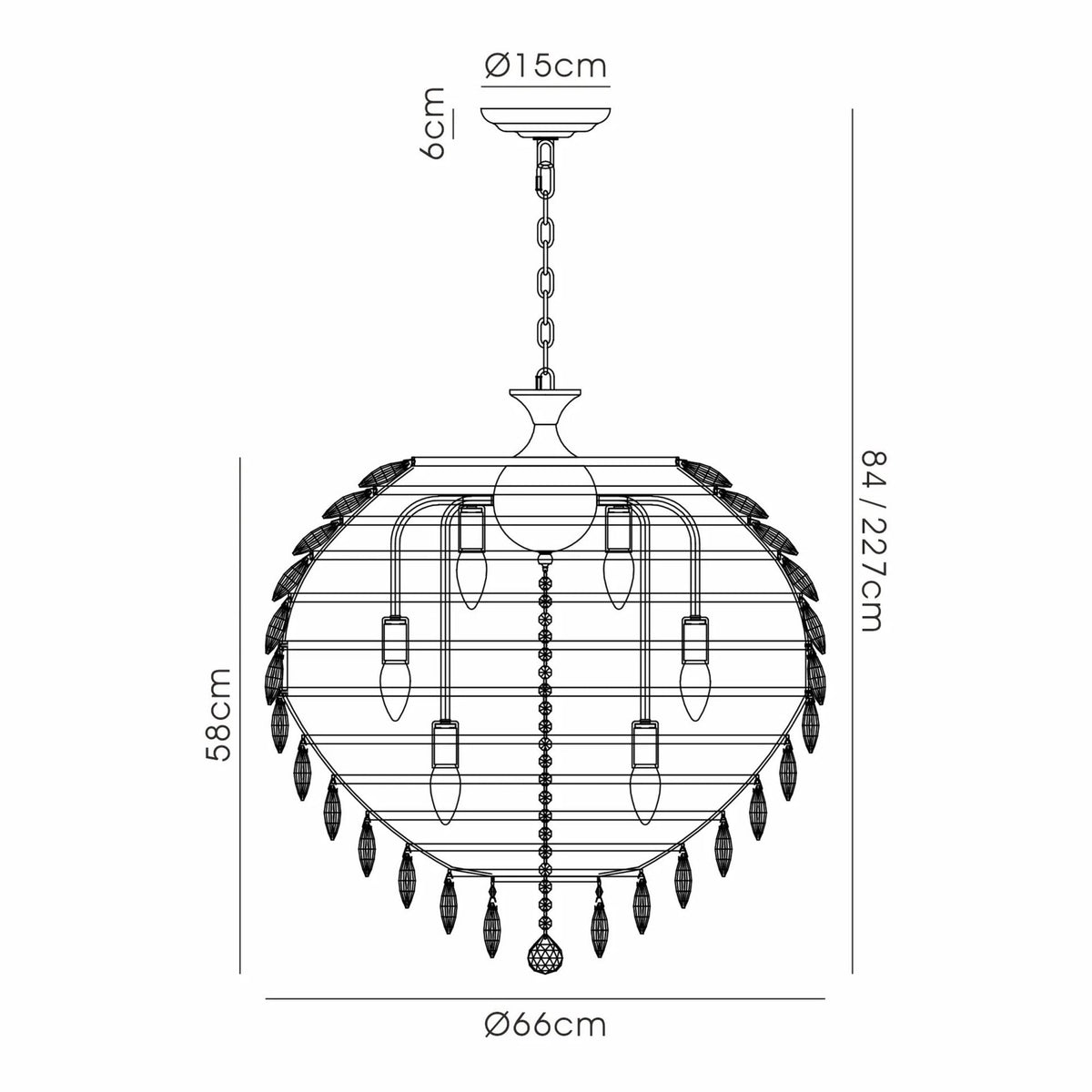 A detailed line drawing illustrating the dimensions and structure of a crystal chandelier.