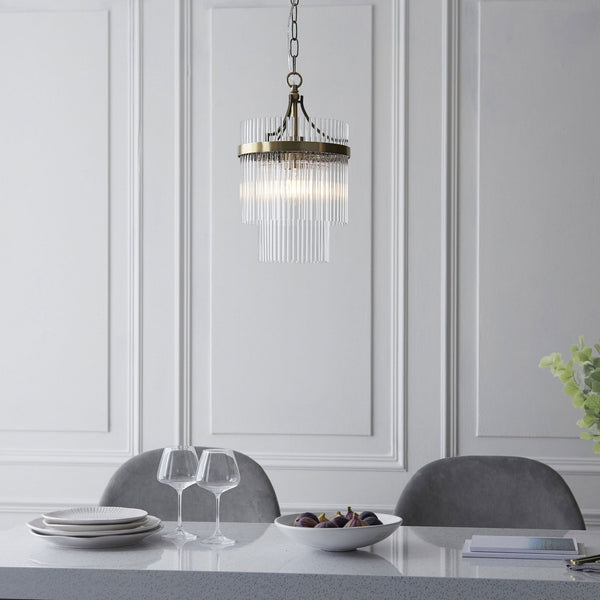 Marietta Single Light Pendant Chandelier in Antique Brass with Clear Glass Rods