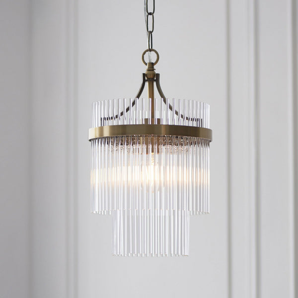 Marietta Single Light Pendant Chandelier in Antique Brass with Clear Glass Rods