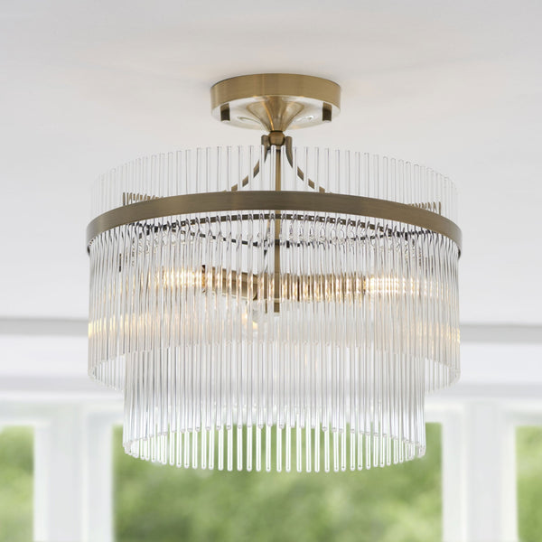 Marietta Three Light Semi Flush in Antique Brass with Clear Glass Rods