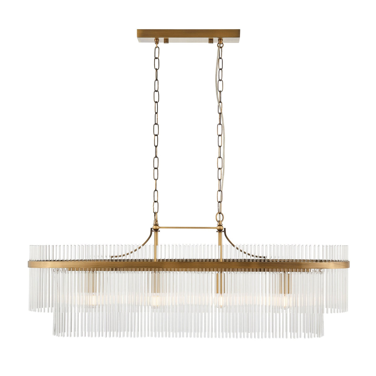 Marietta Four Light Linear Pendant Chandelier in Antique Brass with Clear Glass Rods