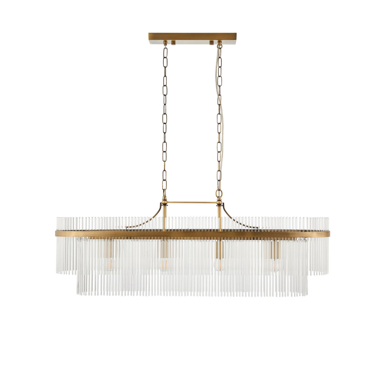 Marietta Four Light Linear Pendant Chandelier in Antique Brass with Clear Glass Rods