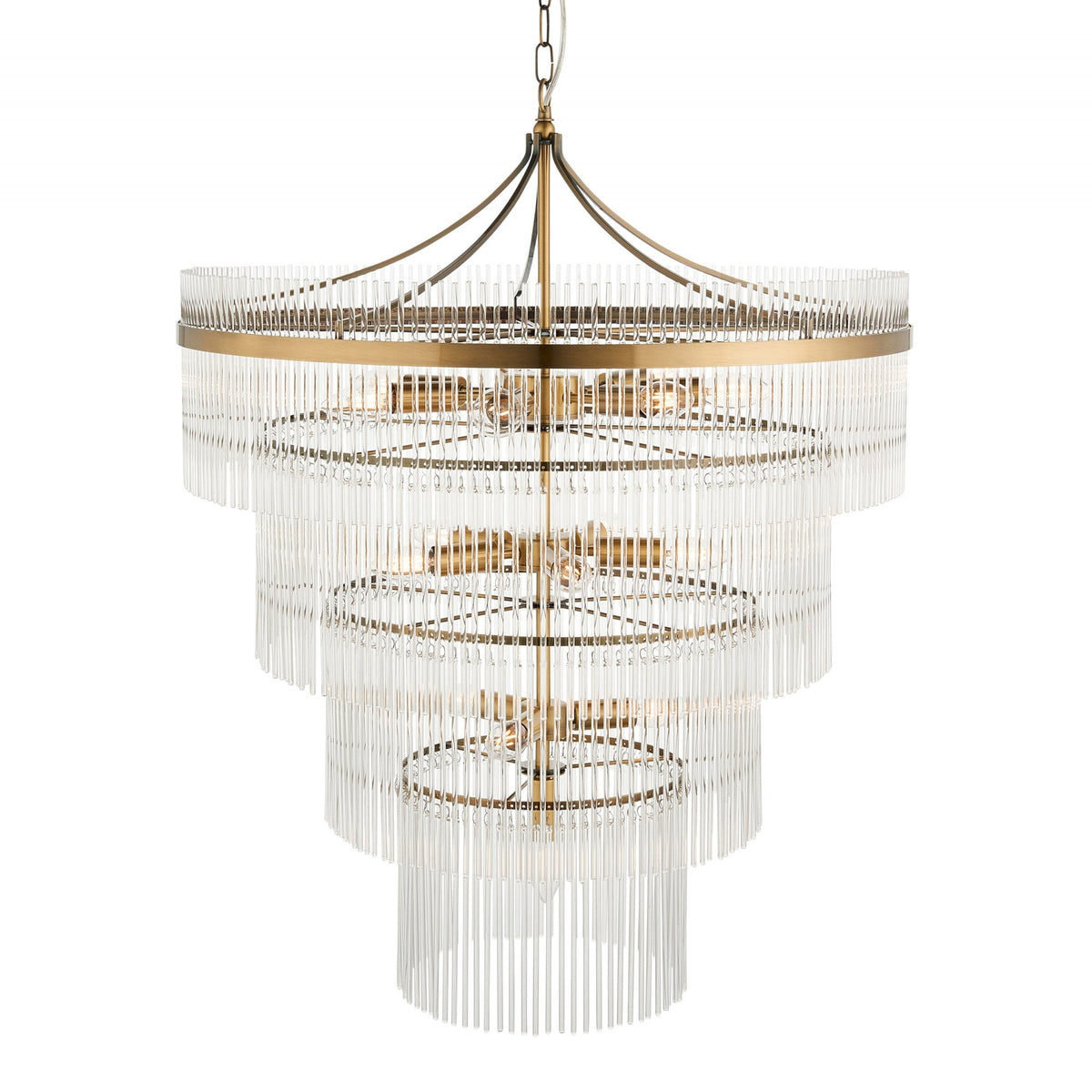 Marietta Sixteen Light Tiered Pendant Chandelier in Antique Brass with Clear Glass Rods