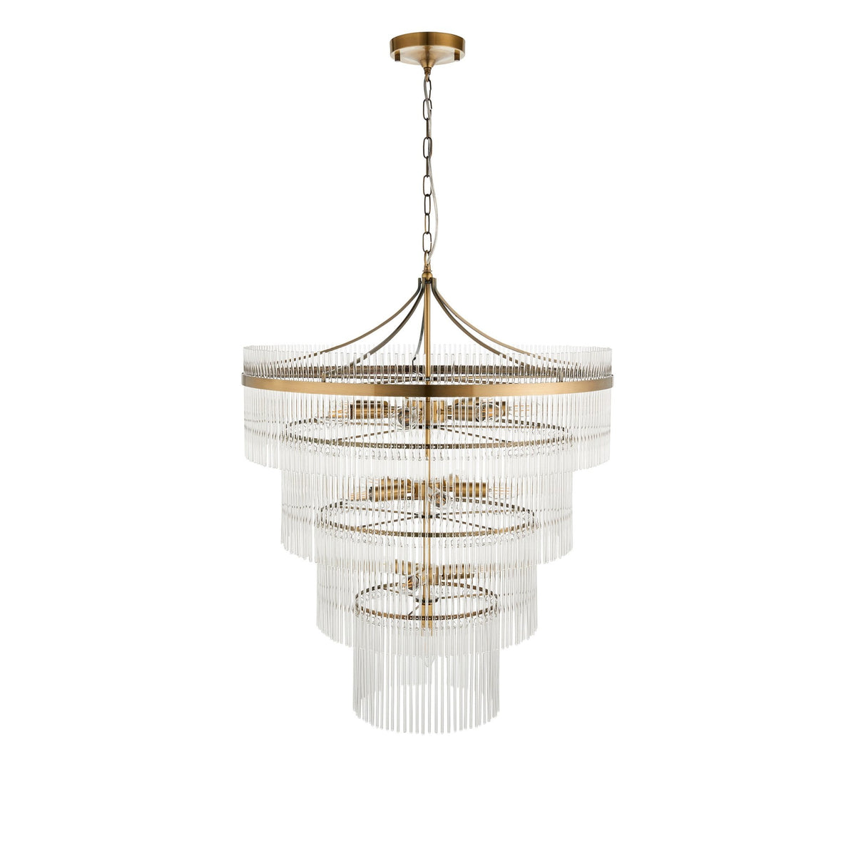 Marietta Sixteen Light Tiered Pendant Chandelier in Antique Brass with Clear Glass Rods