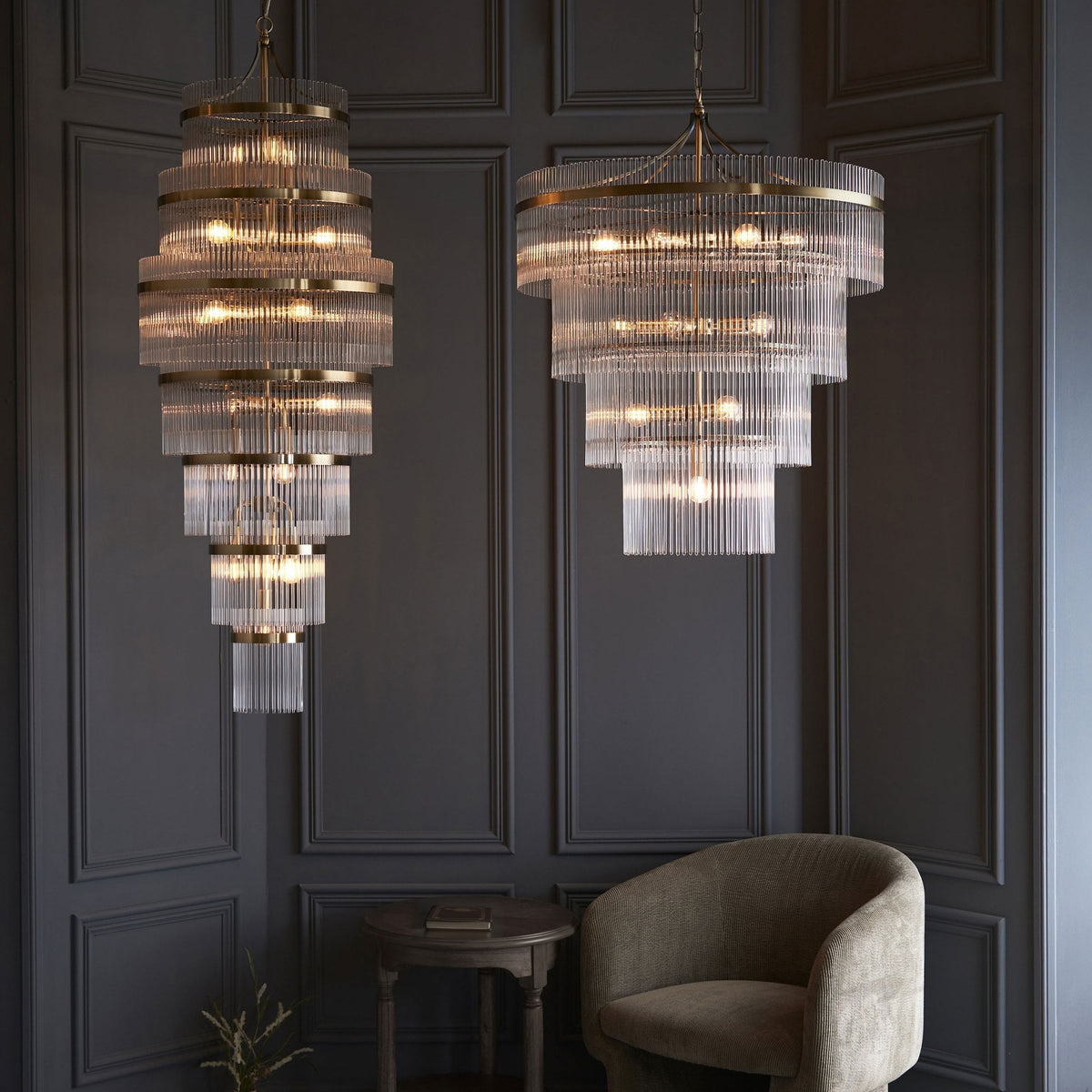 Marietta Sixteen Light Tiered Pendant Chandelier in Antique Brass with Clear Glass Rods