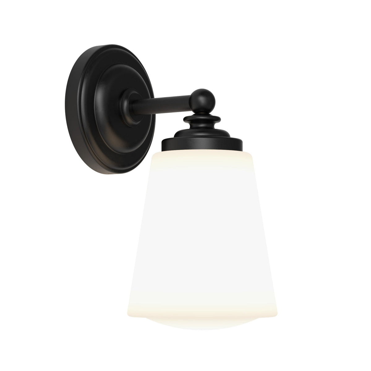 Black wall sconce with a white conical glass shade