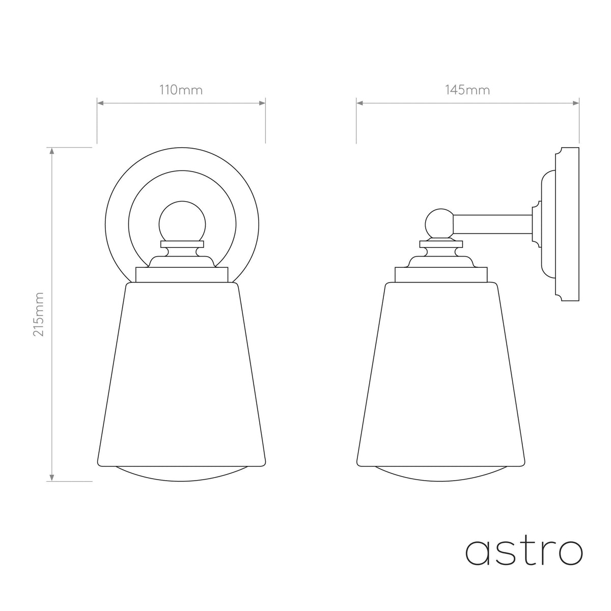 Technical drawing of the Astro wall light with dimensions in millimetres.
