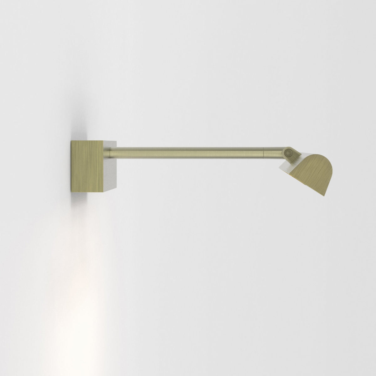 Brass picture light with a rectangular base and a long, thin arm that bends at the end to hold a small, curved shade