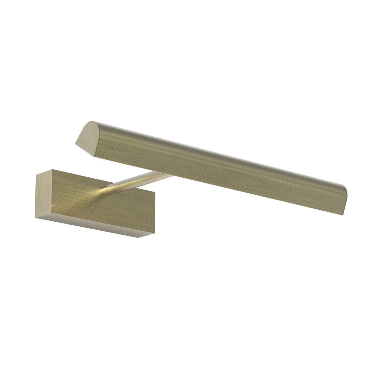 Brushed brass picture light with a rectangular base and a long, thin, horizontal light bar