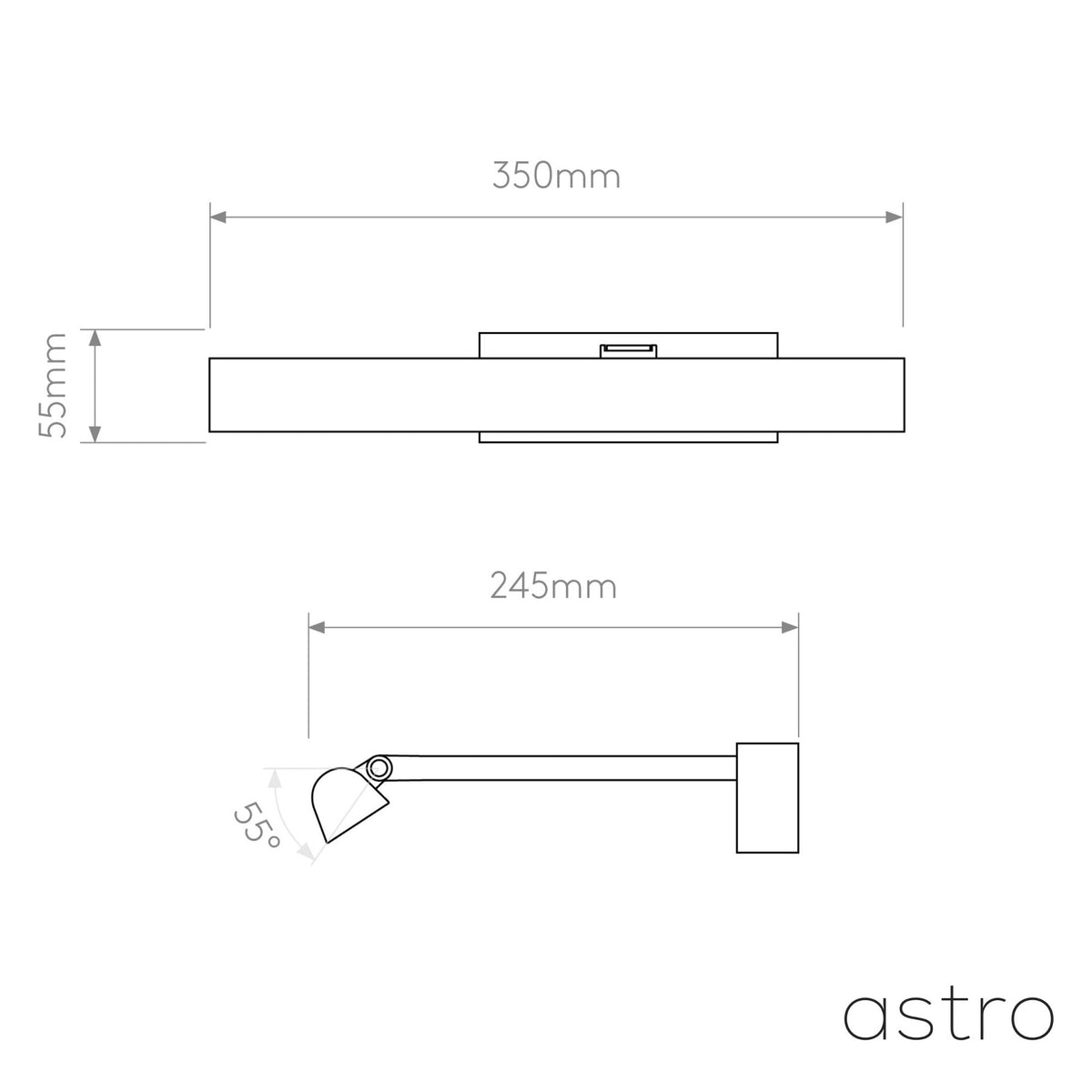 Technical drawing of a wall light with dimensions 350mm length, 55mm height, and 245mm arm extension