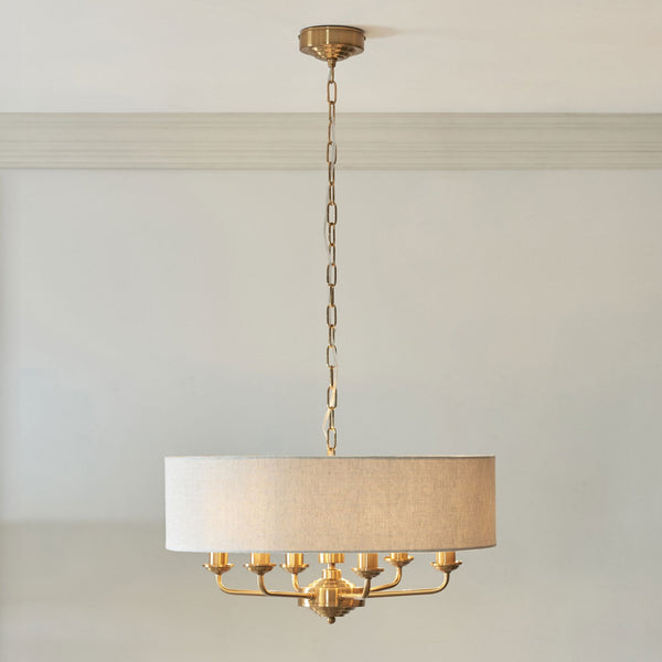 Highclere Six Light Pendant in Vintage Brass with Natural Shade