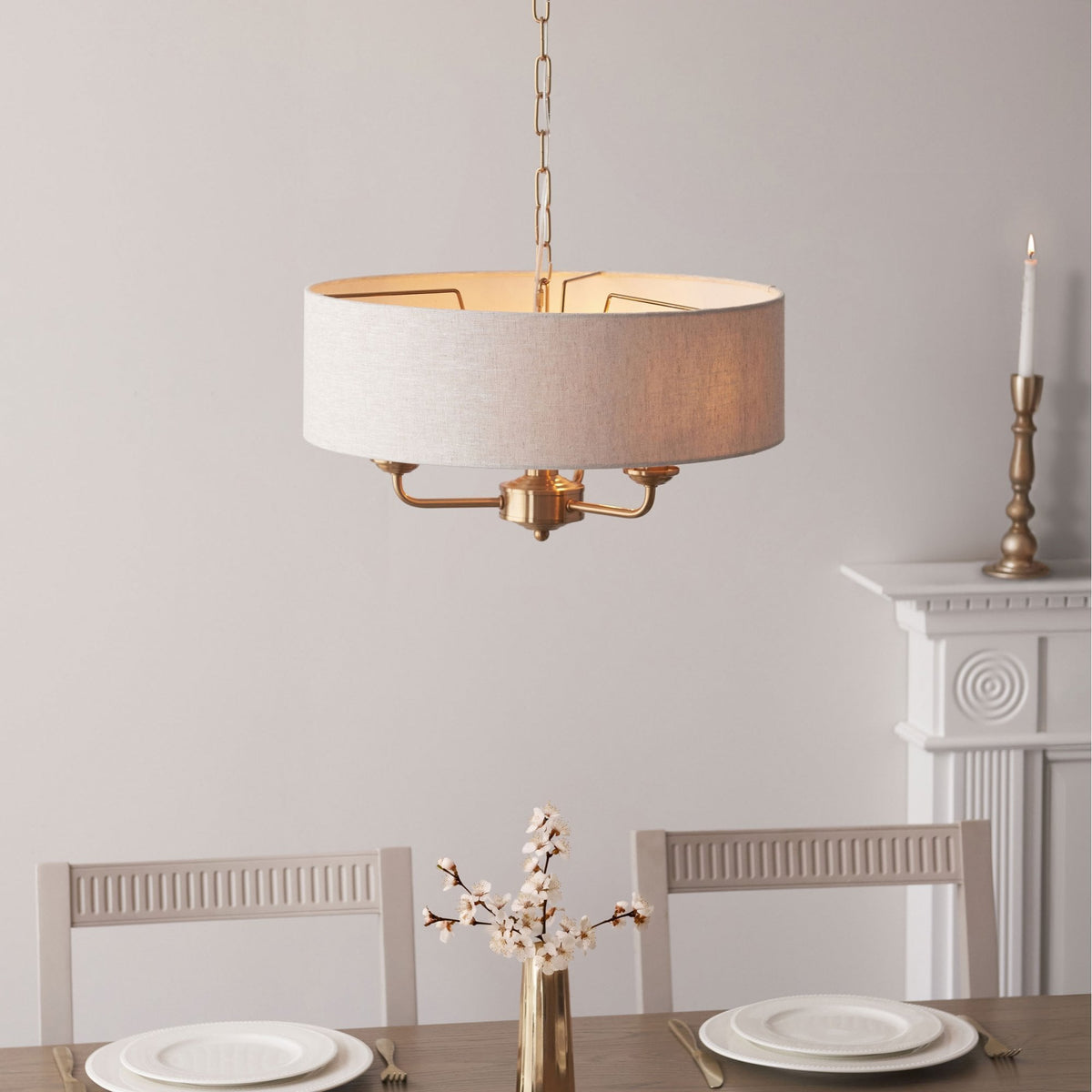 Highclere Three Light Pendant in Vintage Brass with Natural Shade