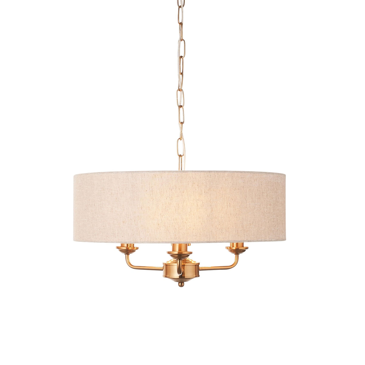 Highclere Three Light Pendant in Vintage Brass with Natural Shade