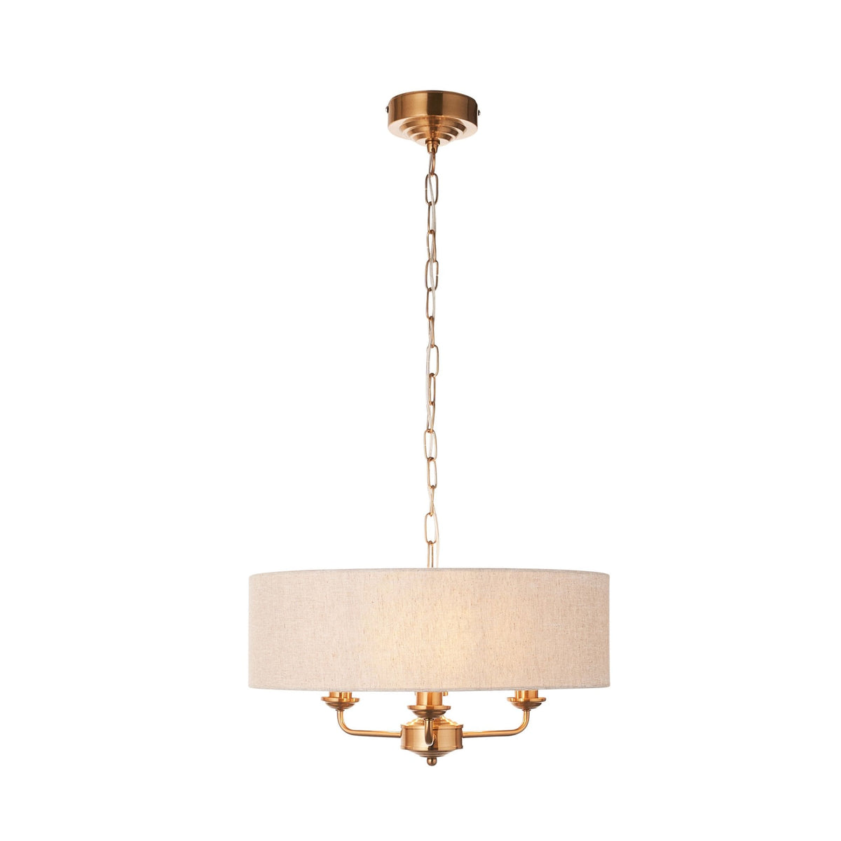 Highclere Three Light Pendant in Vintage Brass with Natural Shade