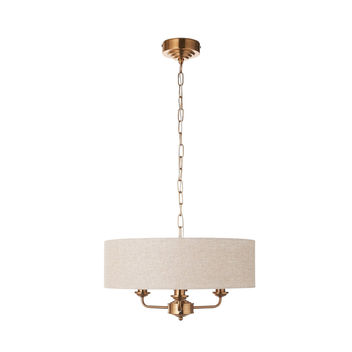 Highclere Three Light Pendant in Vintage Brass with Natural Shade