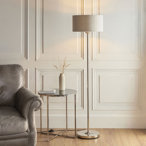 Highclere Single Floor Lamp in Brushed Chrome with Natural Linen Shade