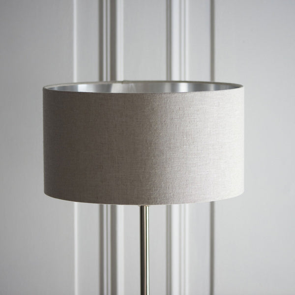 Highclere Single Floor Lamp in Brushed Chrome with Natural Linen Shade