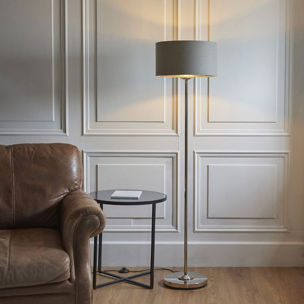 Highclere Single Floor Lamp in Bright Nickel with Charcoal Linen Shade
