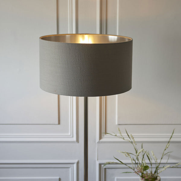 Highclere Single Floor Lamp in Bright Nickel with Charcoal Linen Shade