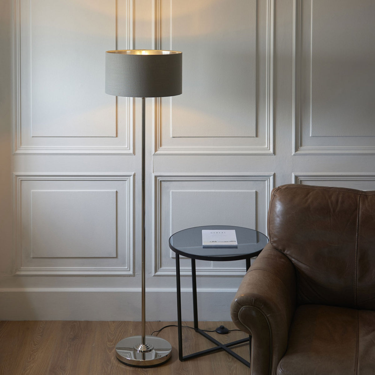 Highclere Single Floor Lamp in Bright Nickel with Charcoal Linen Shade